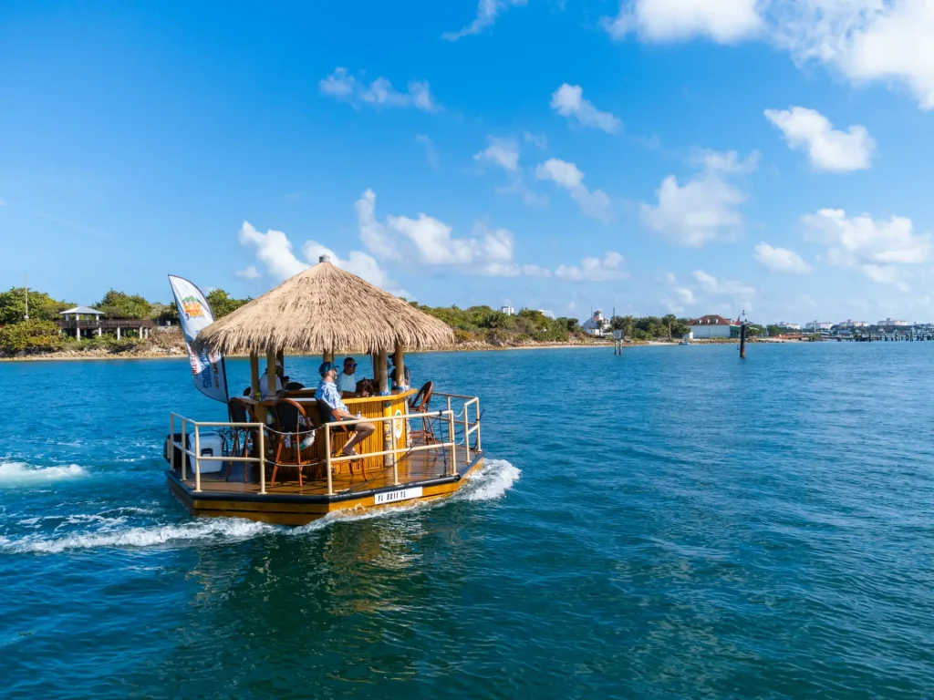 Commercial tiki boat for sale — Cruisin' Tikis 16 aerial view on the water